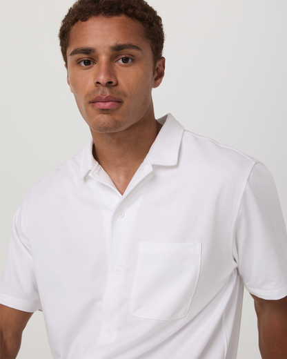Short Sleeve Knit Oxford Camp Collar Button Down | White