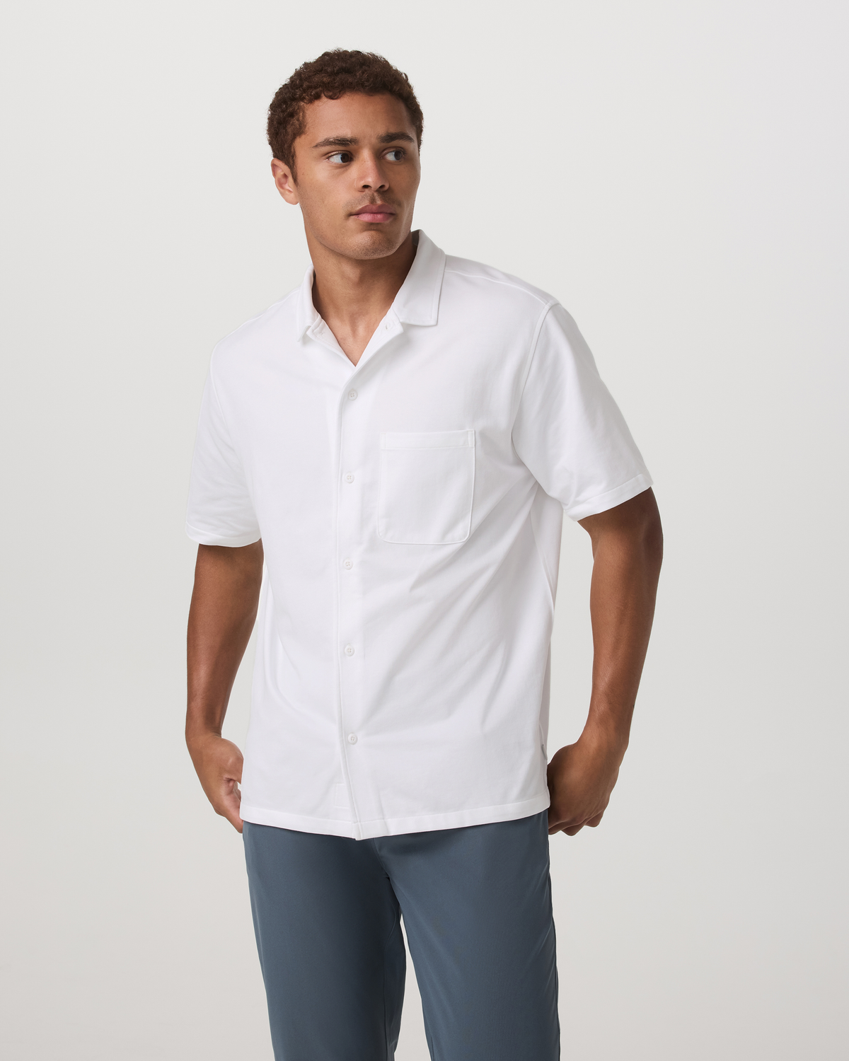 Short Sleeve Knit Oxford Camp Collar Button Down | White