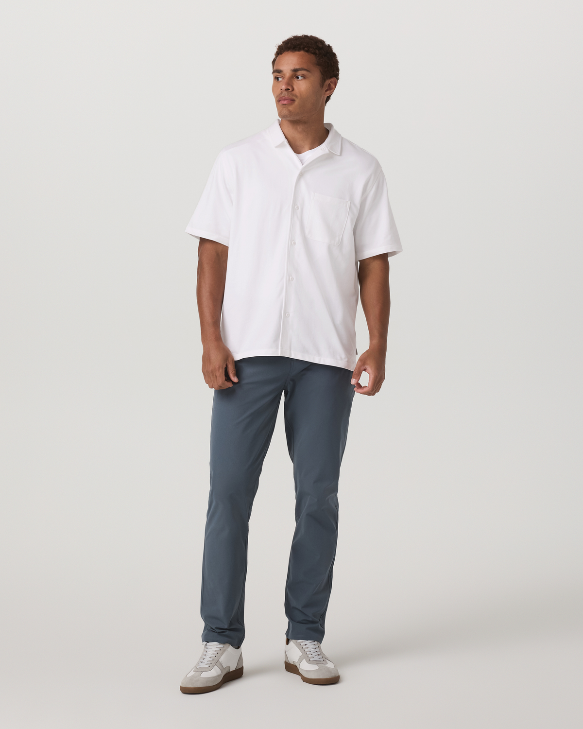 Short Sleeve Knit Oxford Camp Collar Button Down | White